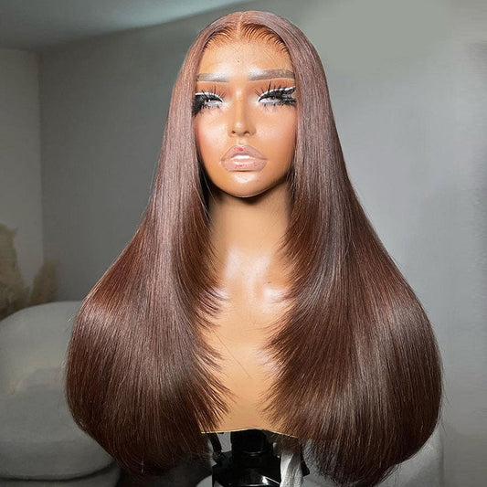 Layer Cut Chocolate Brown Straight 9x6 Pre Cut Lace Pre Everything Glueless Human Hair Wig