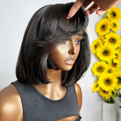 With Side Bangs Layer Cut Straight Bob Wig Glueless 7x5 Lace Wig Human Hair