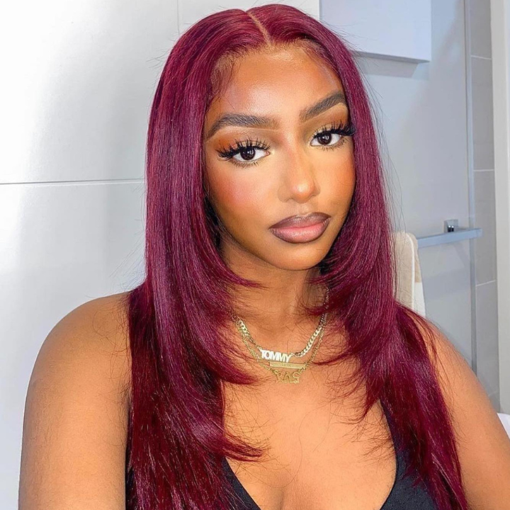 Burgundy Straight 13x5 Pre Cut Lace Front Layered Wig Butterfly Haircut #99J Color Wig