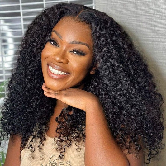 Thin V Part Wig Kinky Curly Natural Scalp Human Hair Wig Without Leave Out