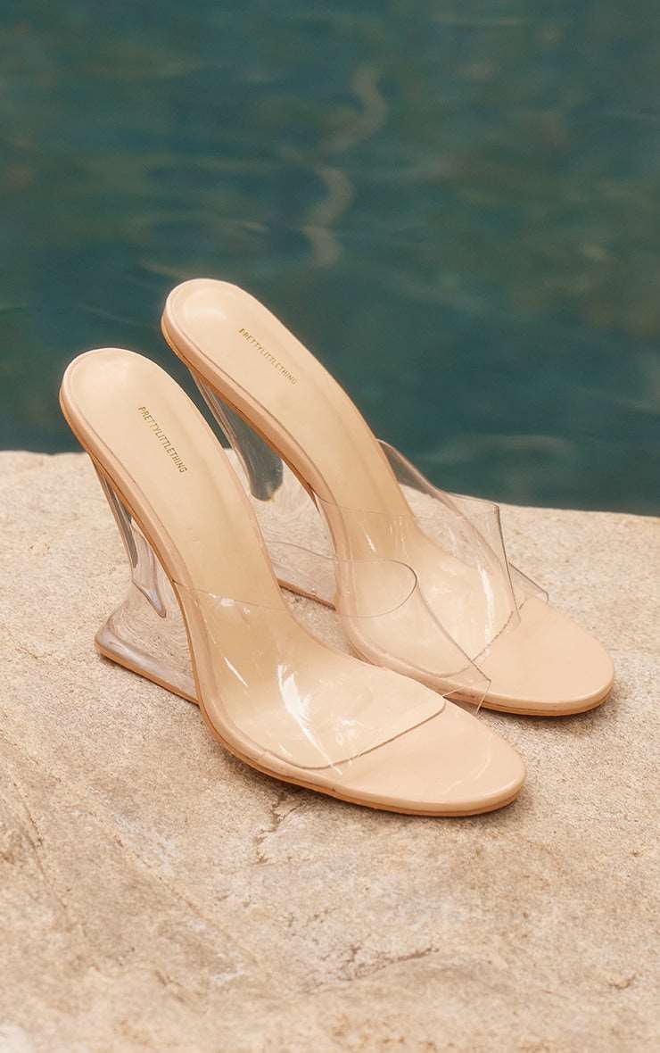 Clear PU Round Toe Perspex Strap Heeled Wedges