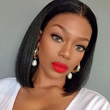 Thin V Part Wig Kinky Straight Bob Human Hair Wigs Without Leave Out