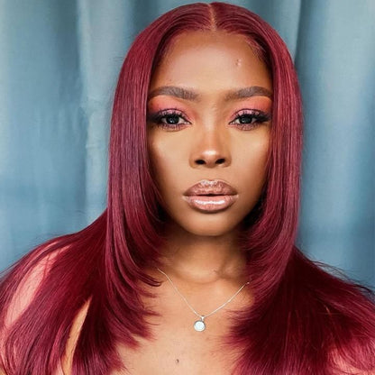 Burgundy Straight 13x5 Pre Cut Lace Front Layered Wig Butterfly Haircut #99J Color Wig