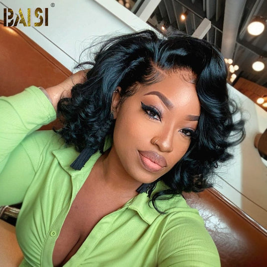 BAISI Black Short Wavy Wig