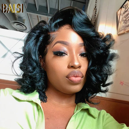 BAISI Black Short Wavy Wig