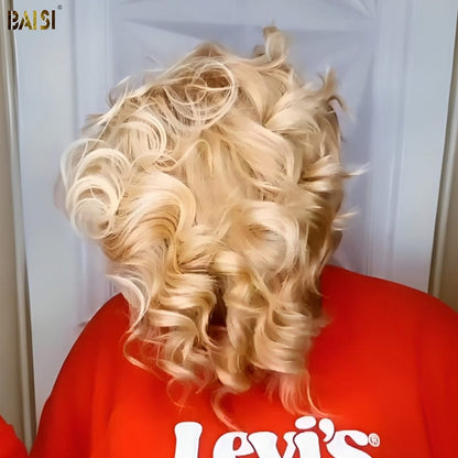 BAISI Fashion Blonde Side Part Bouncy Curl BoB Wig