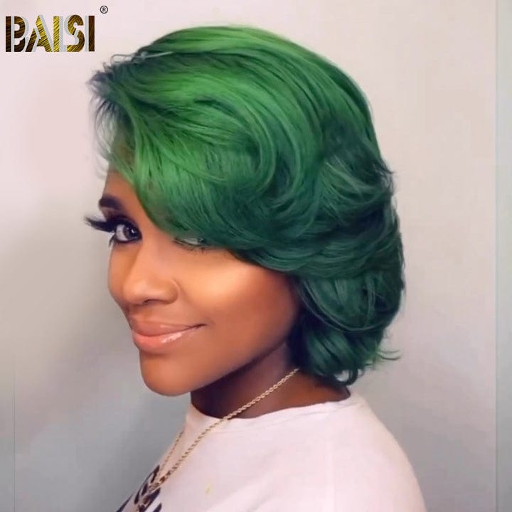 BAISI Fashion Side Part Dark Green Wig