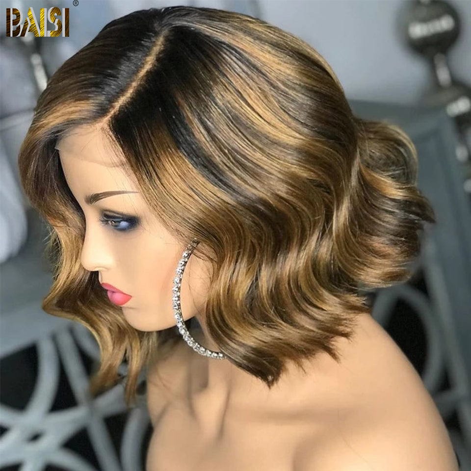 BAISI Honey Blonde Highlight Wavy Short BoB Wig