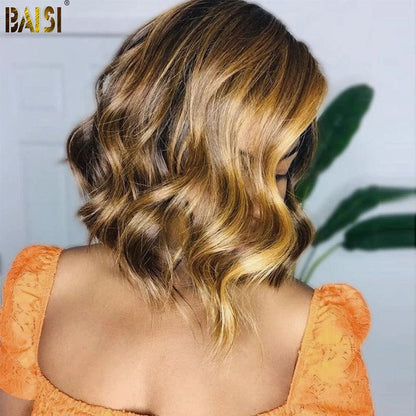 BAISI Honey Blonde Highlight Wavy Short BoB Wig