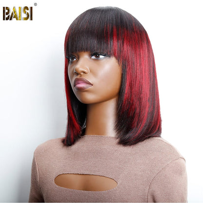 Baisi Machine Made Straight BoB With Burgundy Highlight