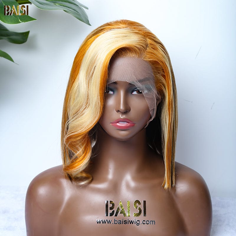 BAISI Orange Highlight Blonde Wavy Bob Wig