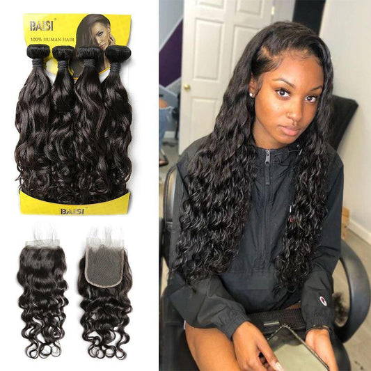 10A Virgin Water Wave,4 Bundles with Closure,50 Grams/Bundle