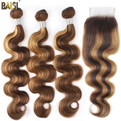 BAISI #4mix27 Highlight Body Wave Bundles with Closure / Frontal