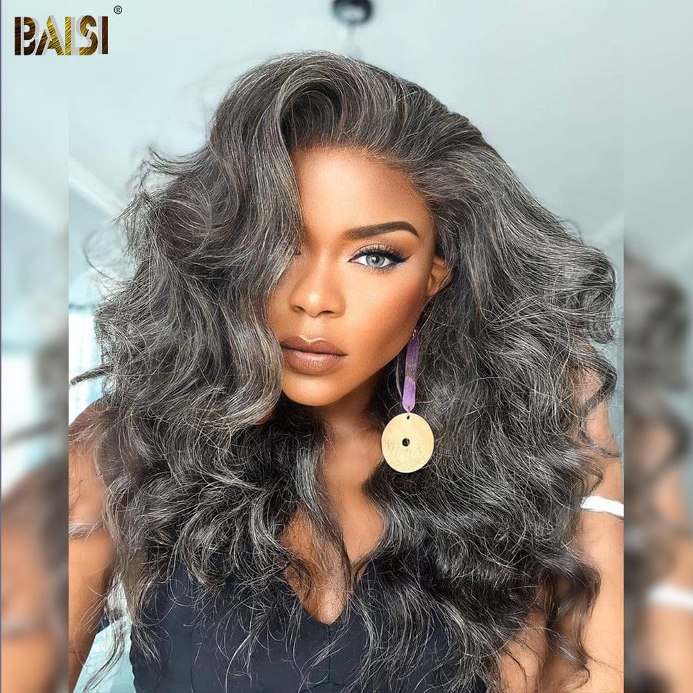 BAISI Bouncy Salt&Pepper Grey Wavy Lace Wig