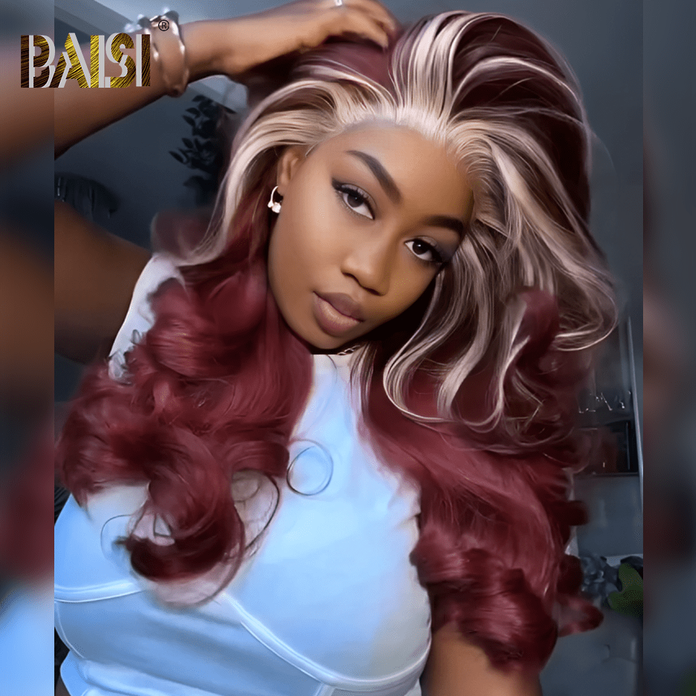 BAISI Wine With Blonde Color Lace Wig