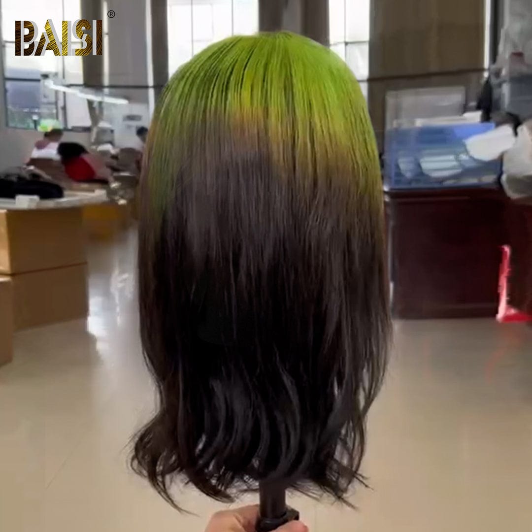 BAISI Straight Hair With Green Highlight Wig