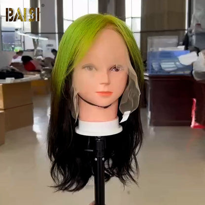 BAISI Straight Hair With Green Highlight Wig