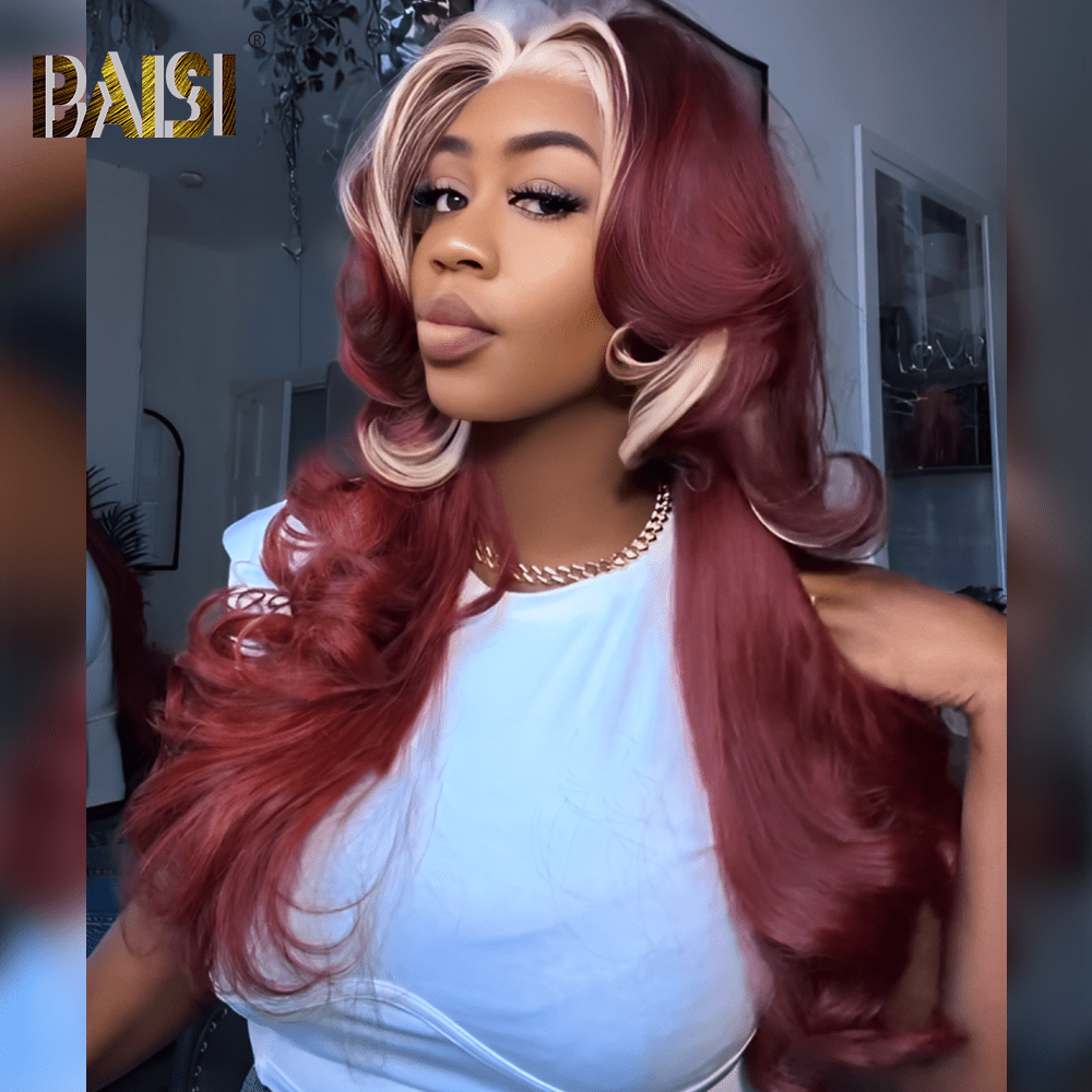 BAISI Wine With Blonde Color Lace Wig