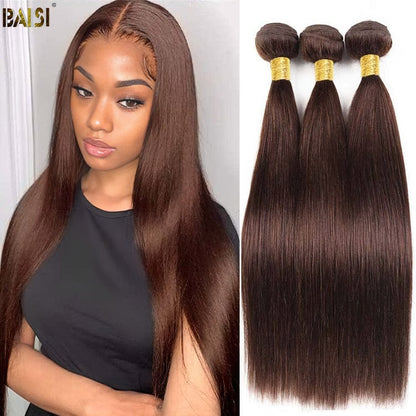 BAISI  #4 Chocolate Brown Straight Bundles with Closure / Frontal