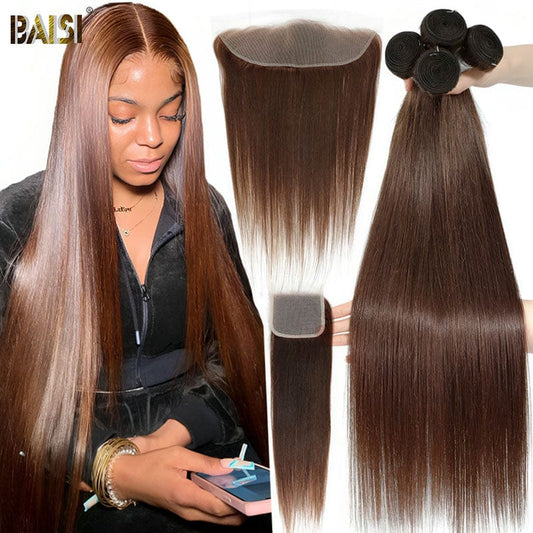 BAISI  #4 Chocolate Brown Straight Bundles with Closure / Frontal