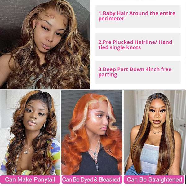 Blonde Balayage HD Lace Frontal Wig Highlight Body Wave Wear And Go Glueless Human Hair Wigs 13x4 Lace Front Wig - Healthier Me Beauty, LLC