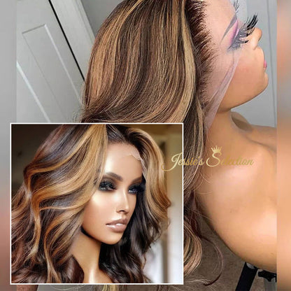 Honey Brown Highlights Wavy 5x5 Lace Bob Wig Glueless Human Hair Wig