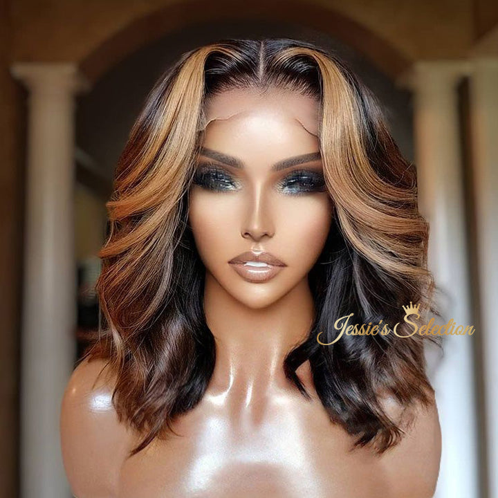 Honey Brown Highlights Wavy 5x5 Lace Bob Wig Glueless Human Hair Wig