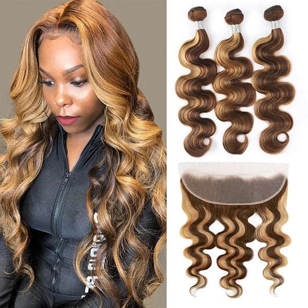 Honey Blonde Highlight Bundles with 13x4 Lace Frontal Closure Brazilian Body Wave Human Hair P4/27 Color - Healthier Me Beauty, LLC