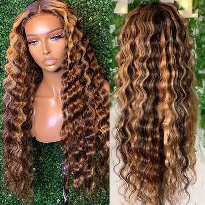 Highlighted Wigs 13x4 Loose Deep Wave Lace Front Wigs Brown Highlights HD Lace Wig - Healthier Me Beauty, LLC