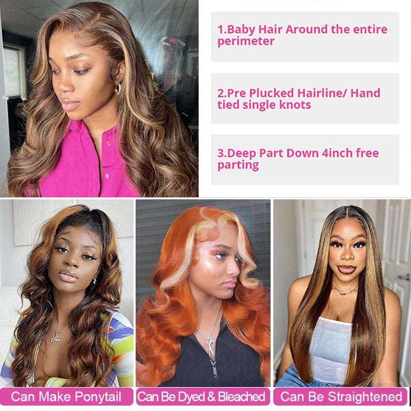 HD Lace Highlight Wig 4x4 Lace Wig Body Wave Human Hair Wigs 5x5 Lace Closure Wigs 180% Density - Healthier Me Beauty, LLC