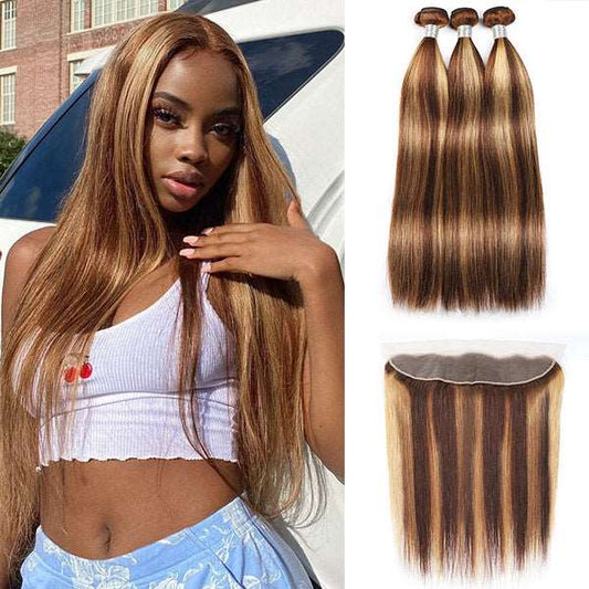 Highlight Straight Hair Bundles with Lace Frontal Virgin Malaysian Human Hair 3 Bundles with 13*4 Lace Frontal - Healthier Me Beauty, LLC