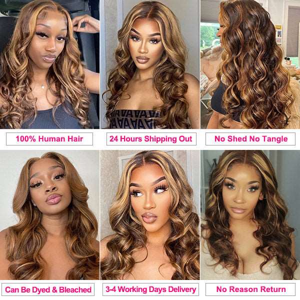 Highlight Body Wave Hair 3 Bundles with 13x4 Lace Frontal Closure Ear to Ear Virgin Human Indian Hair - Healthier Me Beauty, LLC