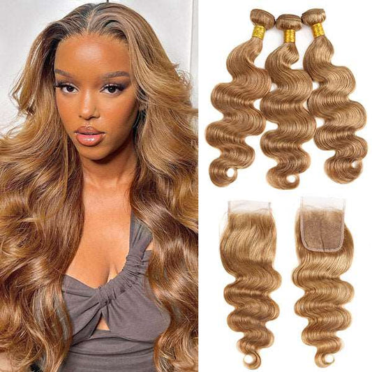 Honey Blonde Body Wave Bundles With Closure #27 Color Human Hair - Healthier Me Beauty, LLC