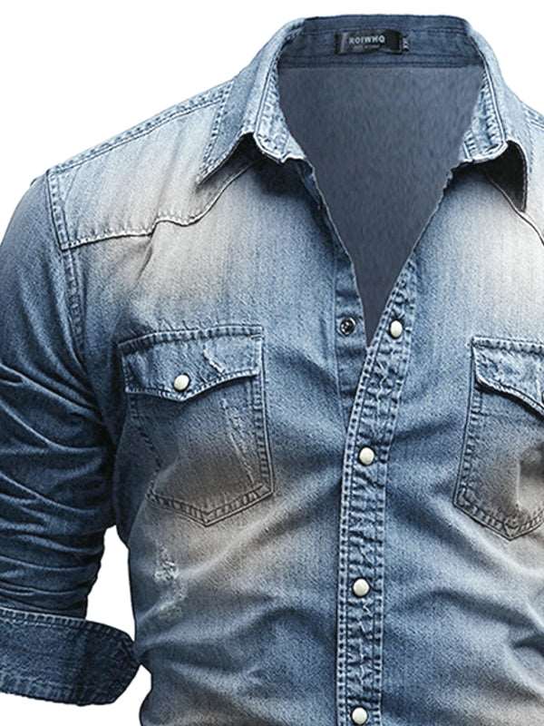 Casual Men's Double Pocket Men's Casual Long Sleeve Denim Shirt Jacket