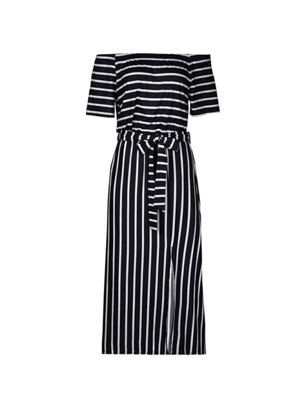 New one-shoulder striped short-sleeved dress