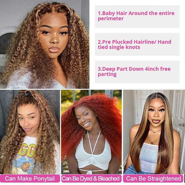 Honey Blonde Highlight Curly Wave Glueless Wigs 13x4 Lace Front Wigs Piano Colored Human Hair Wig - Healthier Me Beauty, LLC