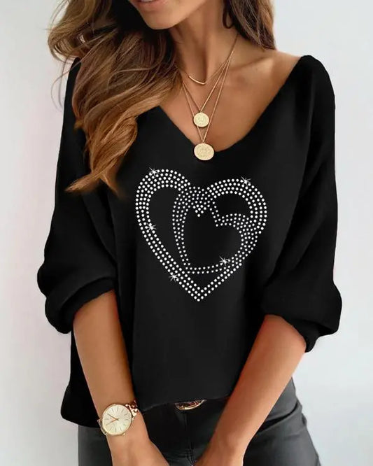 Valentine's Day Rhinestone Double Heart Pattern Casual Top