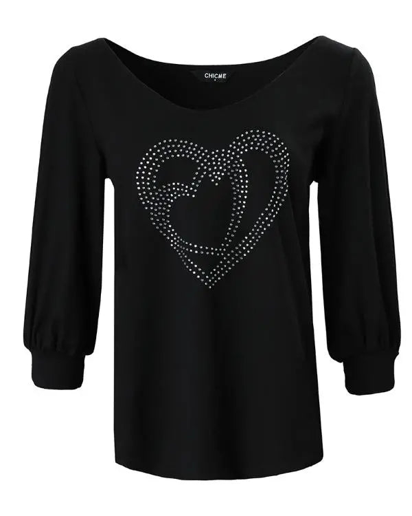 Valentine's Day Rhinestone Double Heart Pattern Casual Top