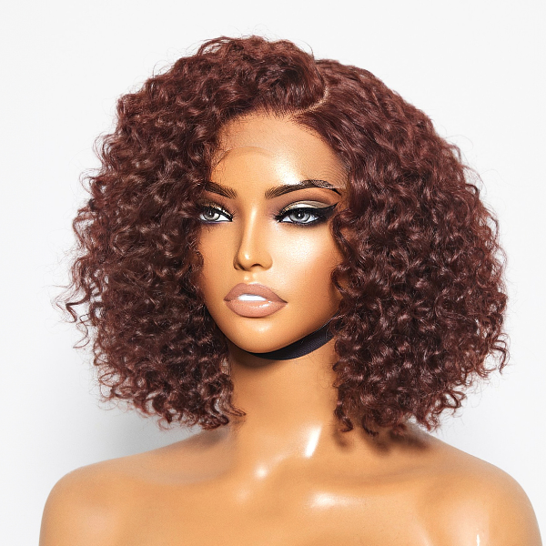 Points Rewards | Reddish Brown Water Wave 4x4 Closure Lace Glueless C Part Short Wig 100% Human Hair | Summer Trendy