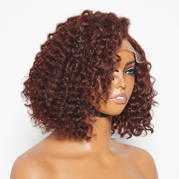 Points Rewards | Reddish Brown Water Wave 4x4 Closure Lace Glueless C Part Short Wig 100% Human Hair | Summer Trendy