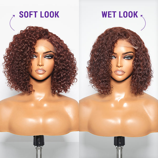 Points Rewards | Reddish Brown Water Wave 4x4 Closure Lace Glueless C Part Short Wig 100% Human Hair | Summer Trendy