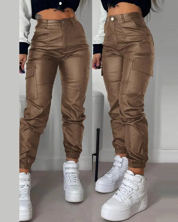 Pocket Design Cuffed PU Leather Pants