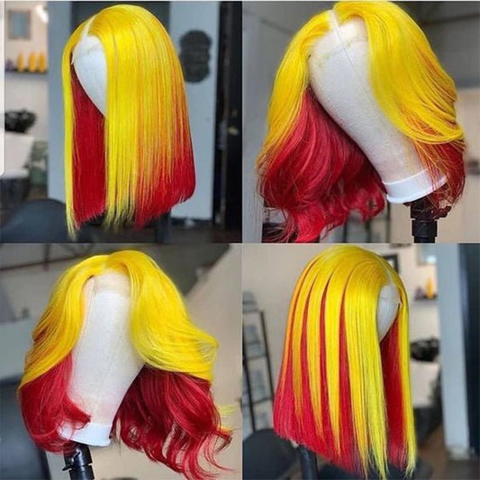 13x4x1 Bob Wigs Straight Human Hair Wigs Color Lace Front Wig Yellow Red Bob Lace Wigs - Healthier Me Beauty, LLC
