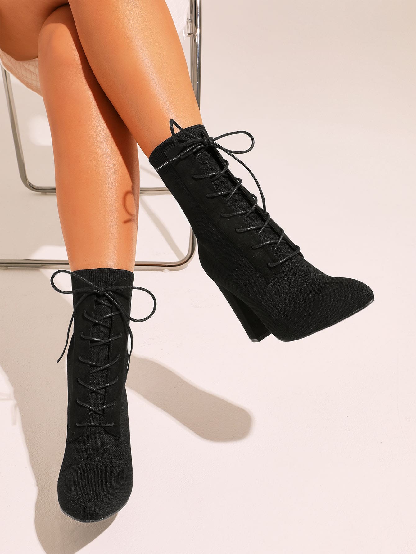 CUCCOO Basic Knit Detail Point Toe Lace up Front Chunky Sock Boots