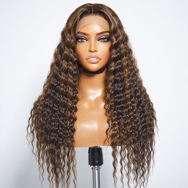 VIP Discount | Boho-Chic | Chestnut Brown Highlights Bohemian Curly 5×5 Closure Lace Glueless Mid Part Long Wig 100% Human Hair