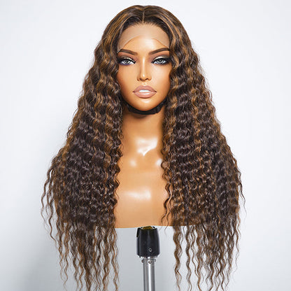 VIP Discount | Boho-Chic | Chestnut Brown Highlights Bohemian Curly 5×5 Closure Lace Glueless Mid Part Long Wig 100% Human Hair