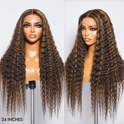 VIP Discount | Boho-Chic | Chestnut Brown Highlights Bohemian Curly 5×5 Closure Lace Glueless Mid Part Long Wig 100% Human Hair