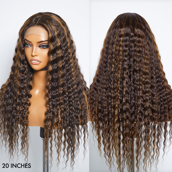 VIP Discount | Boho-Chic | Chestnut Brown Highlights Bohemian Curly 5×5 Closure Lace Glueless Mid Part Long Wig 100% Human Hair