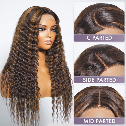 VIP Discount | Boho-Chic | Chestnut Brown Highlights Bohemian Curly 5×5 Closure Lace Glueless Mid Part Long Wig 100% Human Hair