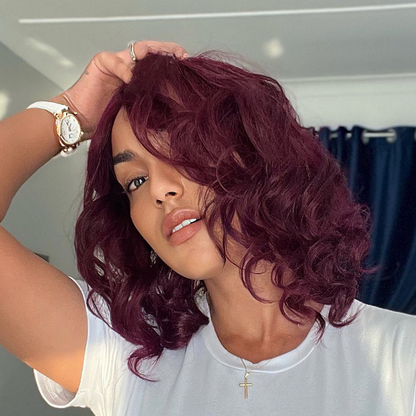 VIP Discount | Dark Plum Loose Wave Minimalist HD Lace Glueless Mid Part Short Wig 100% Human Hair